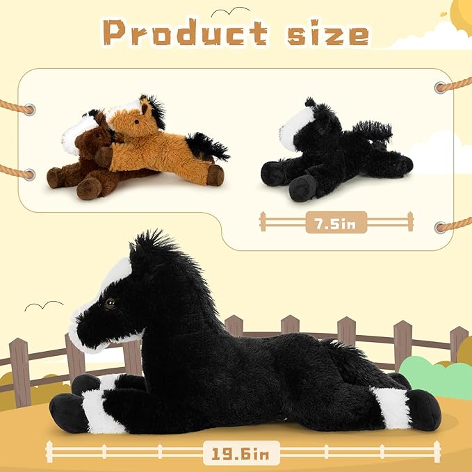 Tezituor 4Pcs Horse Stuffed Animal Set, 21inch Large Stuffed Mommy Horse with 4 Babies Pony Toys, Black Stuffed Pony Plush Pillow for Boys Girls