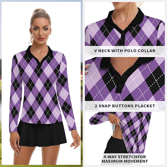 Soneven Womens Golf Shirts Moisture Wicking V Neck Long Sleeve Polo Shirts Collared Tops