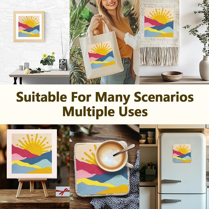 Doodlream Colorful Mountain Sun DIY Punch Needle Embroidery Kit for Adult Beginner, 9.4" Landscapes Punch Stitching Craft Set for Starter with Frame,Fabric Pattern,Threader, Yarn, Pinch Needle