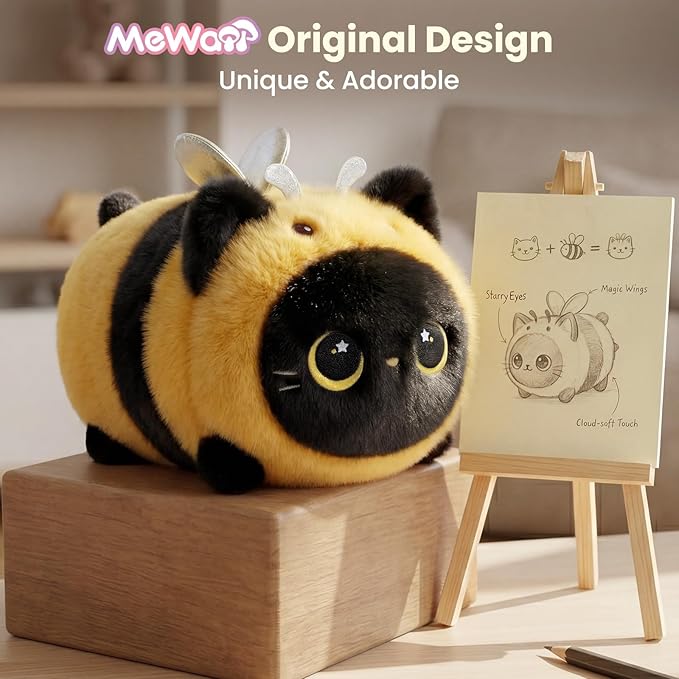 Mewaii Cute Black Cat Bee Plush Pillow, Kawaii Plushies Bee Stuffed Toy, Kitten Plushies with Honeybee Outfit Costume, Soft Squishy Bee Gift for Girls & Kids (8 Inch)
