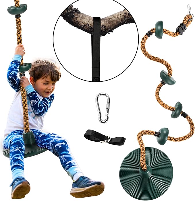 ZENFUN Climbing Rope with Platform and Disc, Tree Swing Seat Set Outdoor Playground Accessories Including Bonus Hanging Strap & Carabiner, Secure Trees House Swings, Gym Backyard, Max Load: 220lb