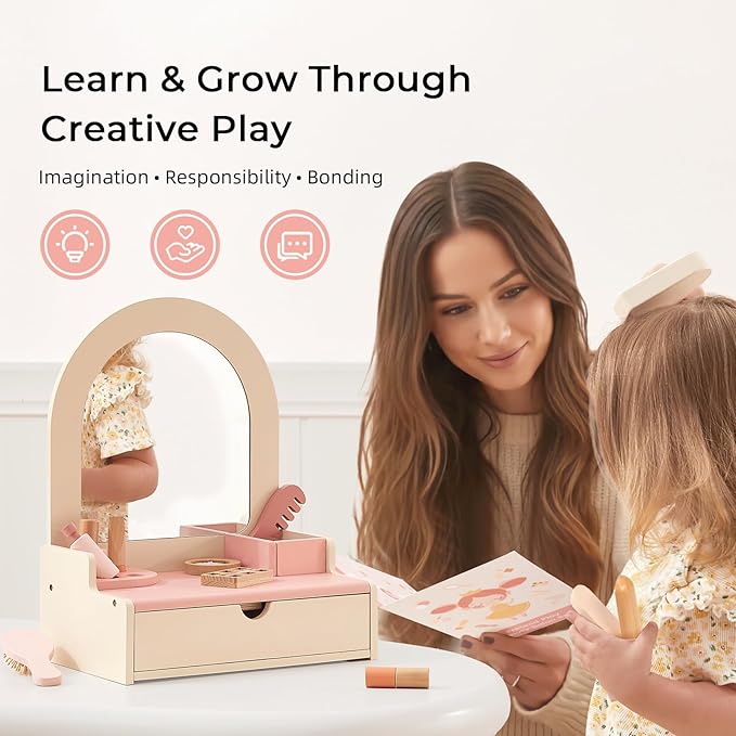 OOOK Wooden Vanity Makeup Table for Kids, Toddler Pretend Play Dressing Table with Mirror & Drawer, Vanity Toy with 10 Pcs Accessories, Gift for Little Girls Age 3+