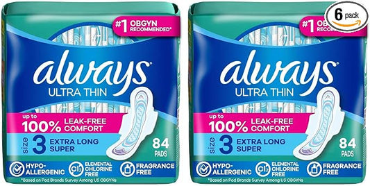 Always Ultra Thin Feminine Pads with Wings for Women, Size 3, Extra Long Super Absorbency, Unscented, Up to 100% Leak-Free Protection,84 Count (Pack of 2)