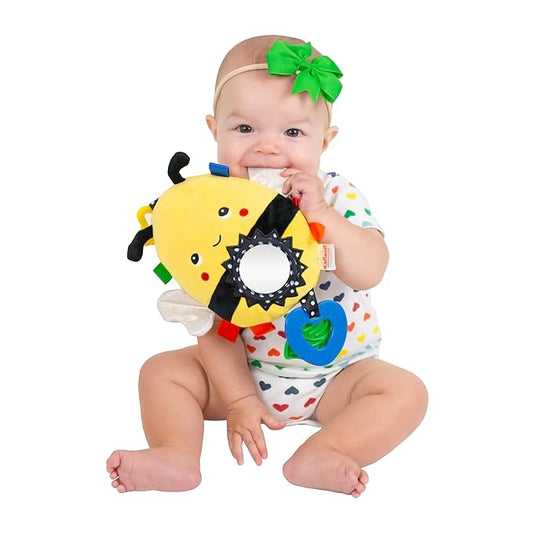 Squish 'N Play Bee Activity Toy - Multi-Sensory Learning Baby Toy - Stroller, Car Seat, Tummy Time, Teether - Baby Gift with Mirror, Rattle & Taggies