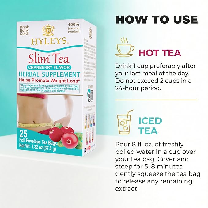 Hyleys Slim Tea Cranberry Flavor - Weight Loss Herbal Supplement Cleanse and Detox - 25 Tea Bags (1 Pack)