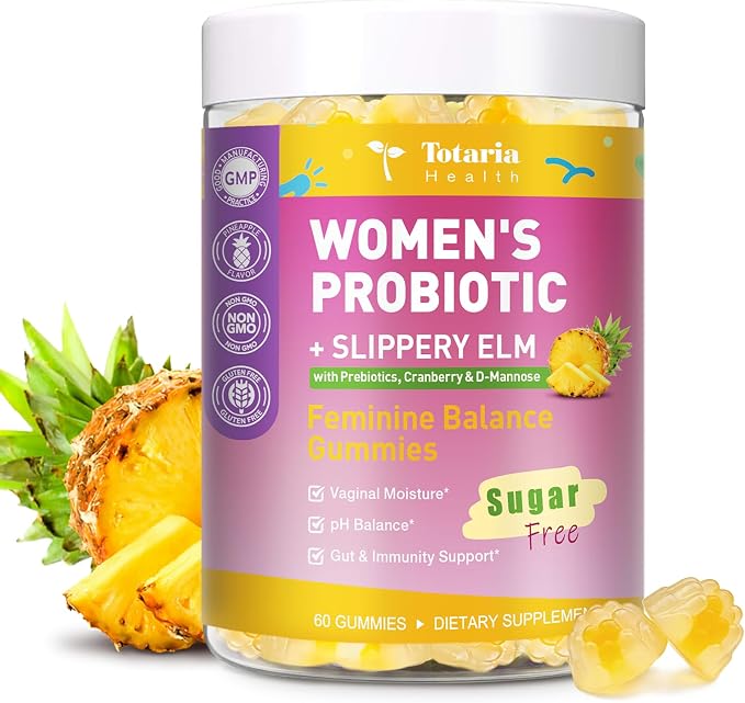 Totaria 9-in-1 Sugar Free Feminine Probiotics Gummies - Vaginal Flora & pH Balance, 50 Billion CFU with Prebiotic, Slippery Elm, Cranberry, for Vaginal, Urinary Tract & Gut, Hawaiian Pineapple, 60 Ct