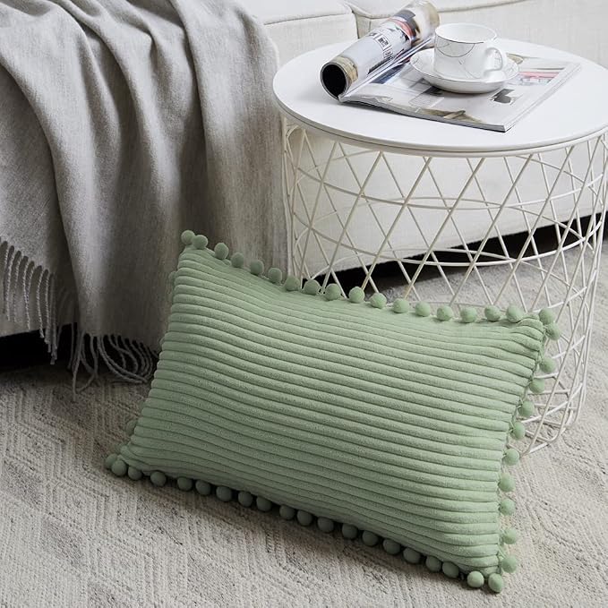 Fancy Homi 2 Pack Sage Green Lumbar Decorative Throw Pillow Covers 14x24 Inch with Pom-poms for Couch Bedroom Sofa, Farmhouse Boho Home Decor, Soft Corduroy Solid Rectangle Cushion Case 35x60 cm