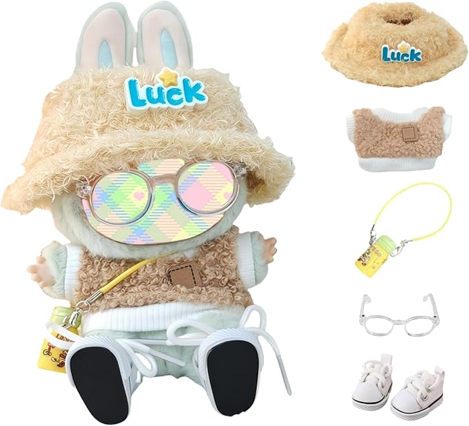 Clothes Set for Dolls Accessoriess (No Doll), Cute Kawaii Outfit Set 5 Pieces for 15cm 17cm Doll, Dress Up Doll Clothing Set Replacement with Hat Glasses Sweater Shoes