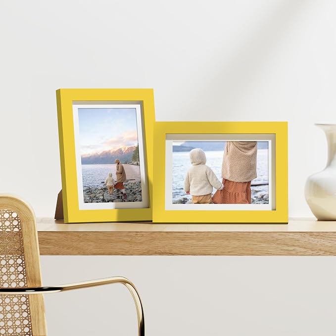 Vittanly 5x7 Picture Frames Set of 9 for Wall or Tabletop Display, Yellow | Display Pictures 4x6 with Mat or 5x7 without Mat, Small Photo Frames, Engineered Wood with Shatter Resistant Plexiglass