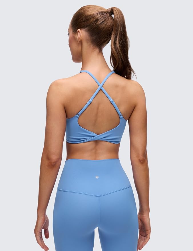 CRZ YOGA Butterluxe V Neck Twist Cross Back Sports Bras for Women - Adjustable Spaghetti Straps Padded Crop Yoga Top