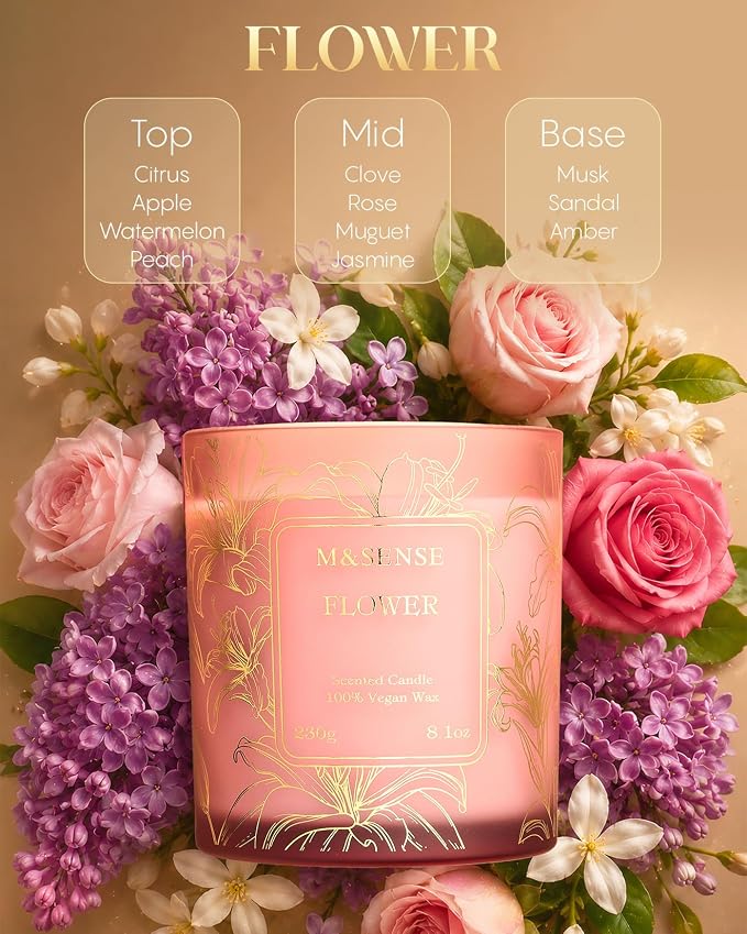 M&SENSE Floral Soy Candle, 8.1oz Gilded Glass, Romantic Stress Relief | 42H Long Burn, Soy Wax, Mixed Bloom Bouquet, Non-Toxic, Sensitive-Safe, Reusable Jar