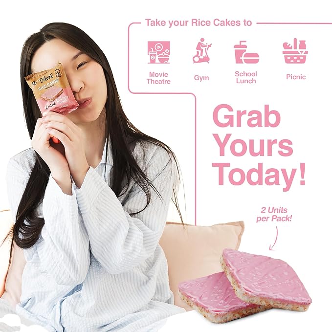 Deluxe & Bla Bla Rice Cakes 12 Pack – Whole Grain, Gluten-Free, Kosher, Low-Calorie Snack – Coated with Strawberry Yogurt – Healthy & Crunchy Treat – Individually Wrapped, (19g Each)