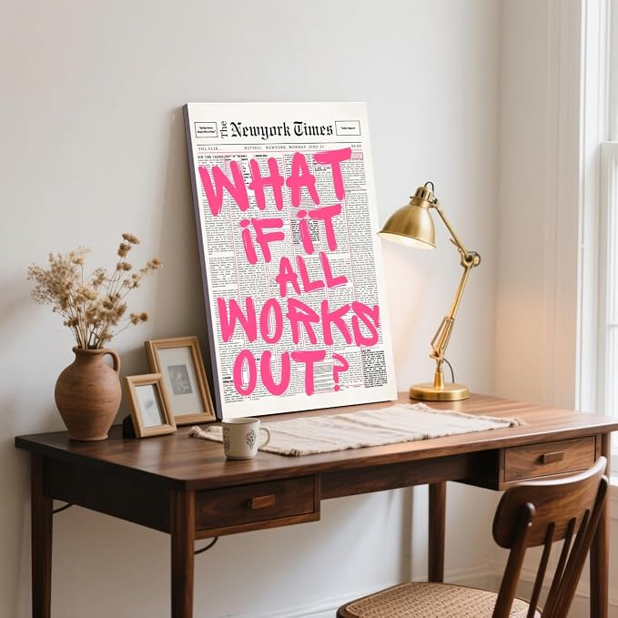 What If It All Works Out Poster Retro Newspaper Pink Wall Art Positive Affirmation Quote Minimalist Canvas Painting Prints Wall Decor Aesthetic for Home Bedroom Office 24x36inch Wrapped Framed