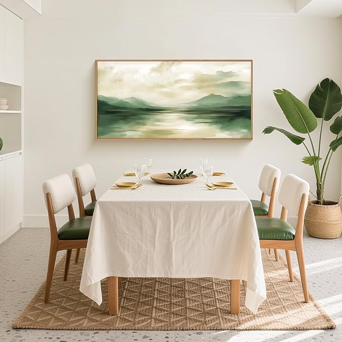 FWIEXA Sage Green Abstract Canvas Wall Art Set of 3, Framed Beige White Landscape Painting, Neutral Watercolor Mountain Prints, Nature Mountains Lake Prints, 20x40In Artwork for Living Room, Bedroom