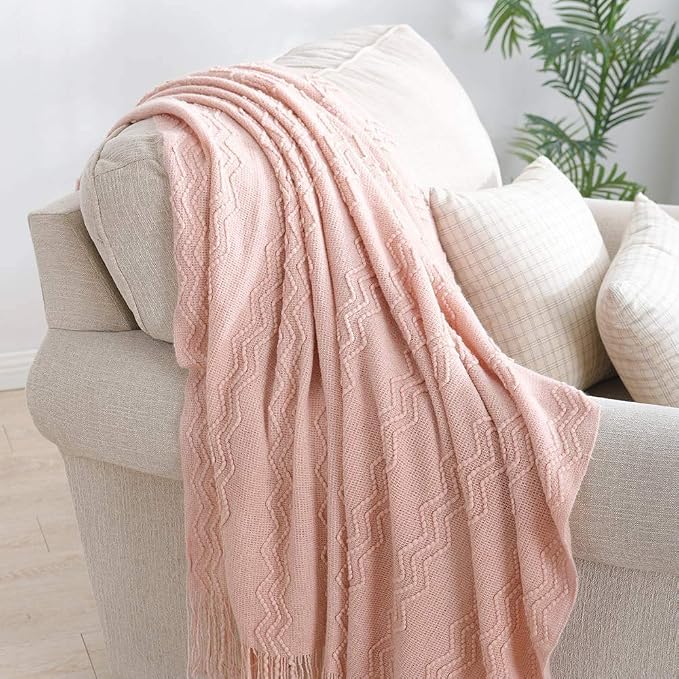 BOURINA Pink Throw Blanket 50x60 Inch Boho Knitted Soft Throw Sofa Blanket | Knitted Throw Blanket 50x60 Inches, Soft Lightweight Boho Weave Throw Decorative Couch Blanket for Living Room Bedroom Chair