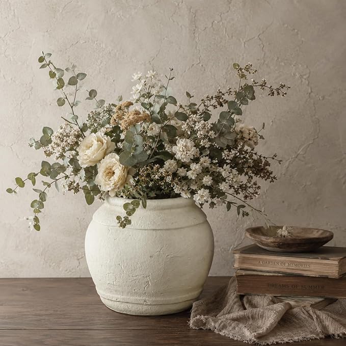 Briful Rustic Ceramic Farmhouse Vase, 5.9" Vintage Textured Pottery Jar | Off-White Cream Antique Vintage Vase for Modern Farmhouse, Dining Coffee Tabletop, Kitchen Counter, Desk & Mantle Aesthetic