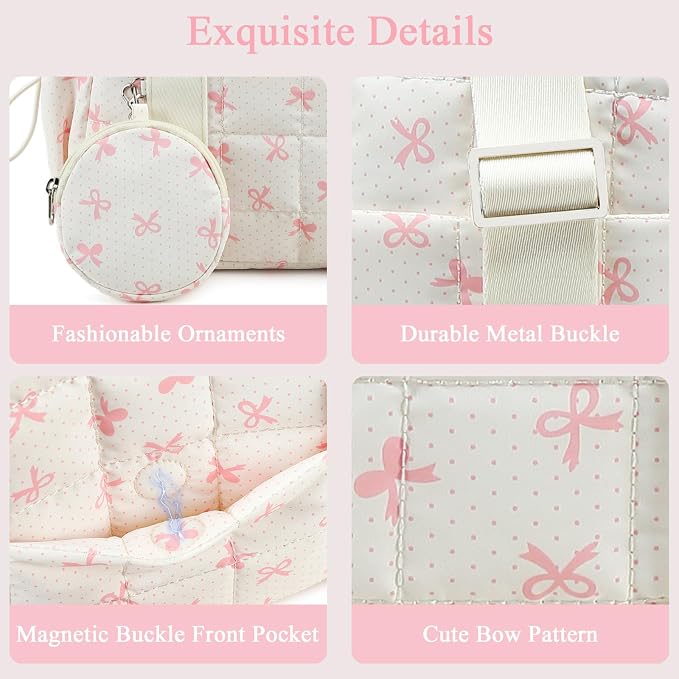 CAMTOP Mini Gym Bag for Women, Small Gym Tote Bag Puffy Quilted Sports Duffel Bag with Wet Compartment and Coin Purse Duffel Bags Dance Yoga Workout Bag for Gifts (Beige Pink Bow, Mini-12.6")