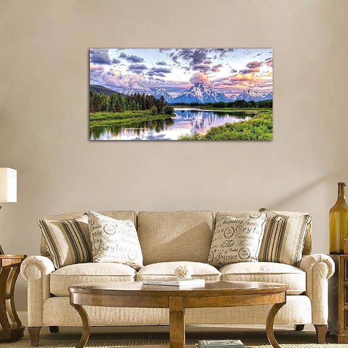 arteWOODS Landscape Canvas Wall Art Nature Picture Oxbow Bend Grand Teton National Park Modern Canvas Artwork River and Forest Contemporary Wall Art Large Size for Home Office Decoration 24" x 48"