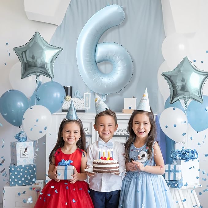 40 Inch 6 Balloon Number, Large Pastel Baby Sky Blue Foil Number 6 Balloons Birthday Party Decor, Light Powder Blue Helium Mylar Self Inflating Balloon for Boys Kid 6th Birthday Anniversary Decoration