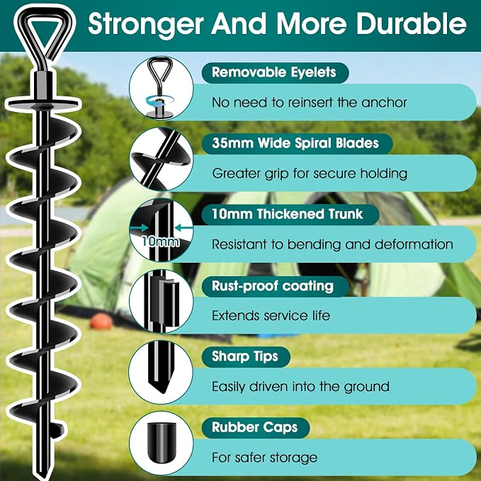 Ground Anchors Screw in, Heavy Duty Ground Trampoline Stakes High Wind Tent Stakes for Tent, Trampoline, Gazebo, Carport, Trap Anchor, Canopies, Swing Set