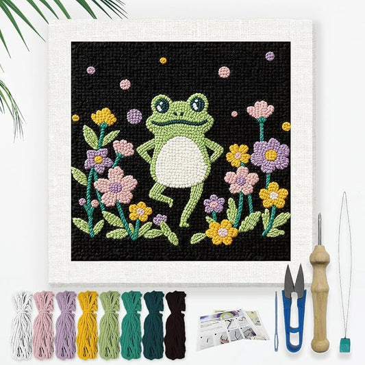 Doodlream Frog Dancing DIY Punch Needle Embroidery Kit for Adult Beginner, 9.4" Frog Animal Flowers Punch Stitching Craft Set for Starter with Frame,Fabric Pattern,Threader, Yarn, Pinch Needle