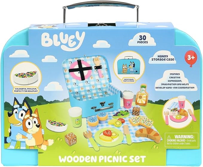 8th Wonder Wooden Bluey Toys Picnic Carrying Case, 30-Piece Picnic Basket Toy with Cutlery and Food Accessories, Outdoor Food Toys for Kids of Ages 3+