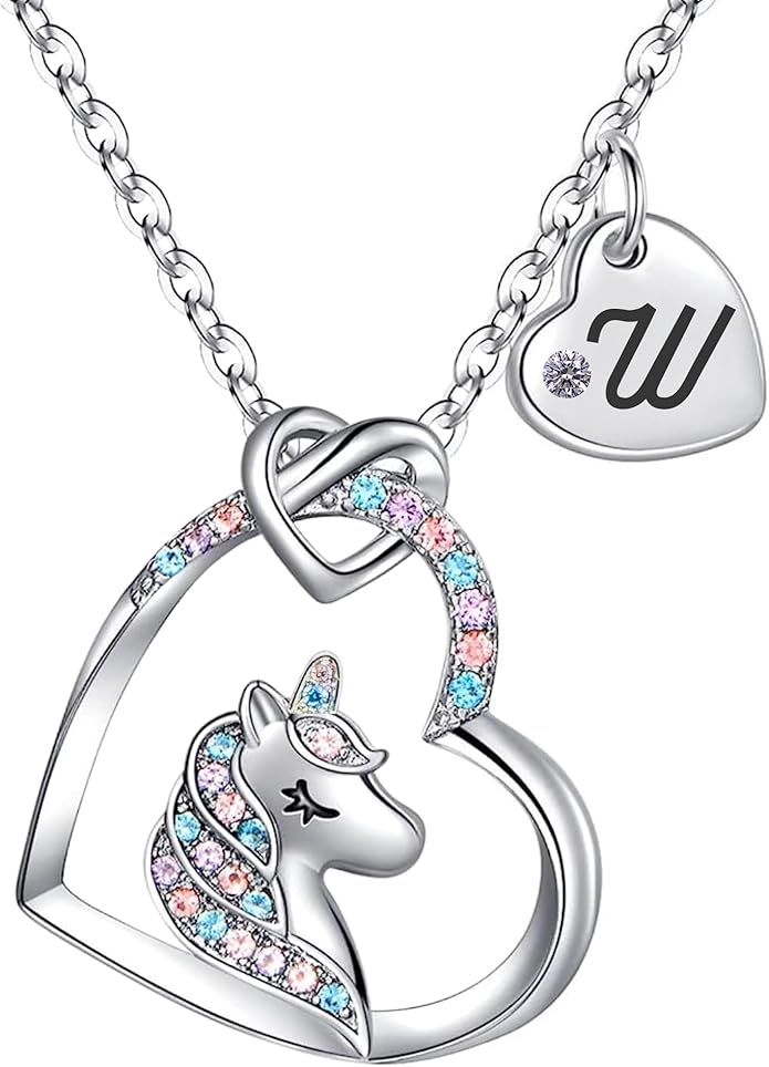 Valentines Day Gifts for Kids Girls - Unicorn Necklace for Girls with Initial Heart Pendant & Gift Box, 18K Gold Fashion Kids Jewelry, Colorful Heart Necklace for Birthdays & Costume Parties.