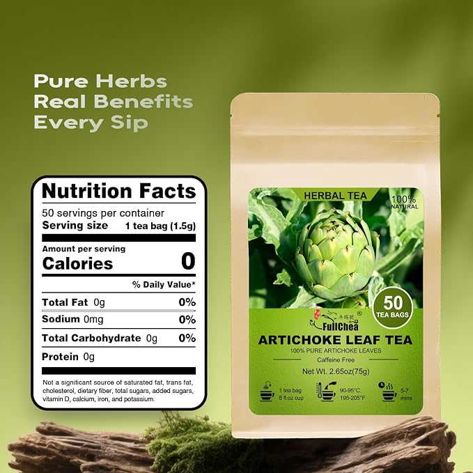 FullChea - Artichoke Leaf Tea Bags, 50 Count, Dried Artichoke Leaves | Mild compressed artichoke leaf herbal tea, non-GMO, caffeine-free, gentle digestive comfort for daily tea moments