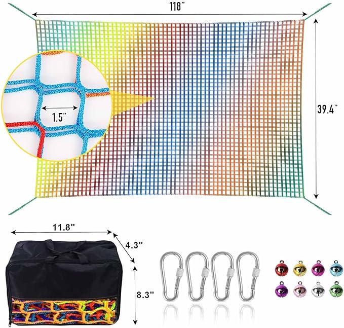 Climbing Net for Kids - 3.3FT x 9.9FT Double Layers Heavy Duty Playground Safety Net, Climbing Cargo Net for Tree House Tree Fort, Back Yard, Jungle Gyms, Monkey Bar Security Mesh（Rainbow）