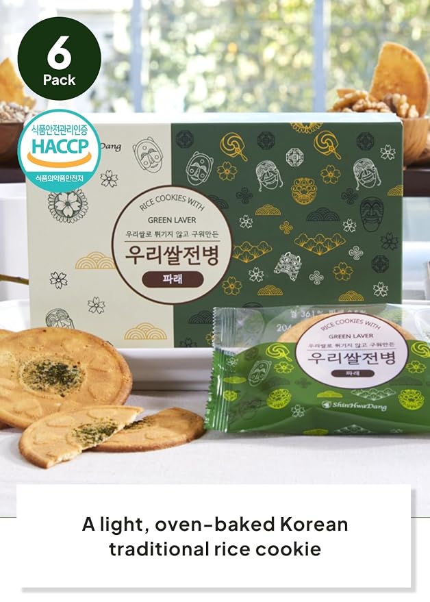 Korean Food Shinwhadang Rice Wafer Snacks, Seaweed Flavor, Crispy, 6Pk | Oven-baked Korean rice crackers with green laver seaweed flavor and a light, crispy texture