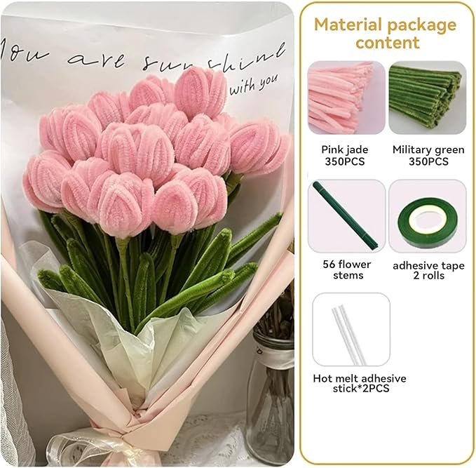 700pcs (Pink and Green) Tulips Pipe Cleaners, DIY Flower Bouquet Kit Chenille Stems,Flower Making Craft Materials(56Flowers),Art and Craft Supplies