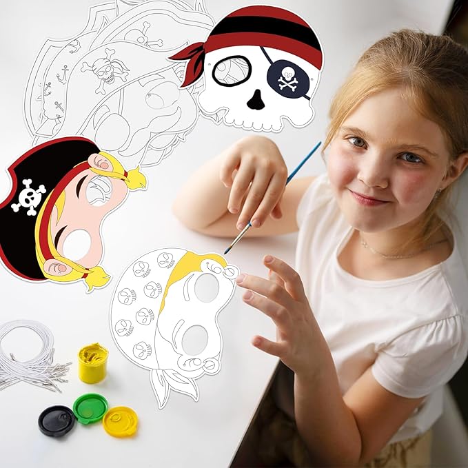 24 Pcs Pirates Craft for Kids Color Your Own Pirate Masks DIY Coloring Art and Crafts for Kids Art Project Pirate Theme Birthday Party School Activity Halloween Thanksgiving Cosplay Dress Up