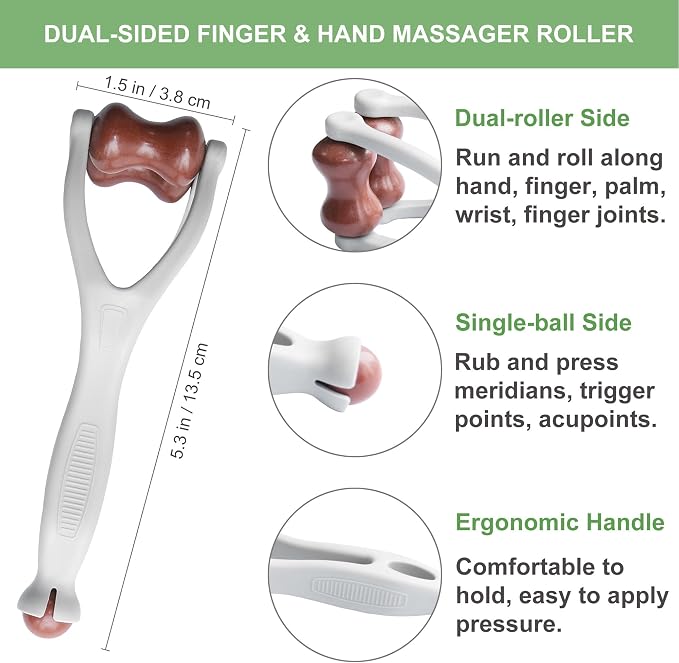 Finger Massager, Hand Massager for Arthritis and Carpal Tunnel. Dual-sided Bian Stone Massage Roller Tool for Circulation, Trigger Finger, Hand Therapy, Pain Relief, Stress. Great Gift for Her/Him.
