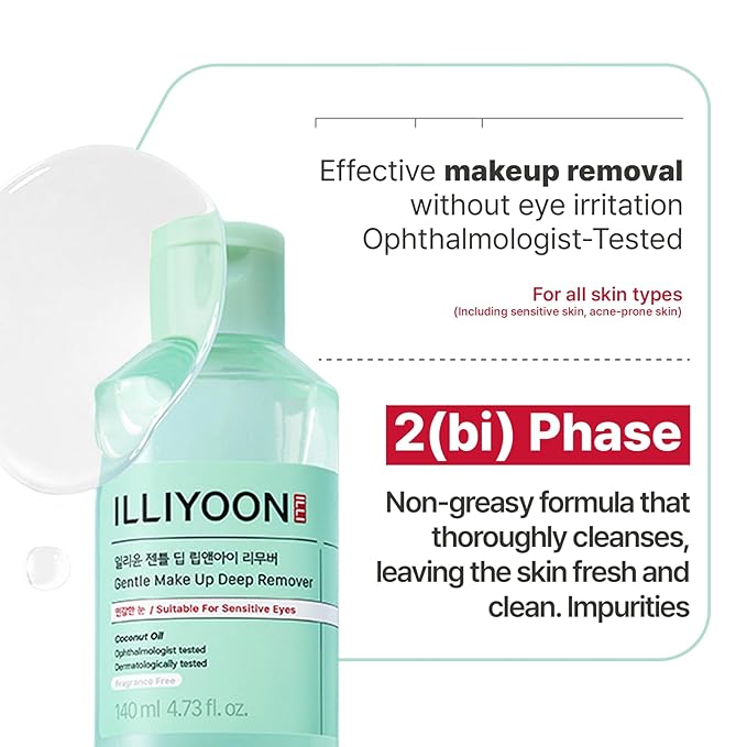 Illiyoon Gentle Deep Eye Makeup Remover | for Waterproof Mascara, Lipstick, Eyeliner, Non-Greasy 2-Phase Oil & Water Formula, Ophthalmologist Tested, Vegan, Korean Skin Care, 4.73 fl.oz.