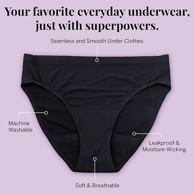 Pixie Organic Cotton Gusset Period Underwear - Best Leakproof Panties with BloatFit™ Technology Ultra Soft Black