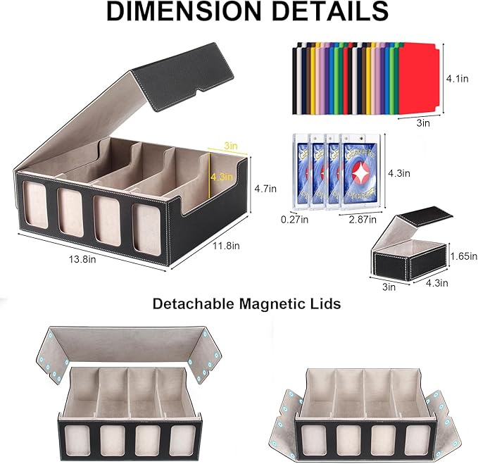 GEAoffice Trading Card Storage Box with Commander Display, 3200+ Card Deck Case with Magnetic Removable Lid, 4-Row Deck Box for MTG/TCG/Sports/Games, 10 Stoppers, 24 Dividers, 1 Dice Tray, Black Grey