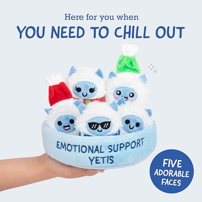 WHAT DO YOU MEME? Emotional Support Yetis by Relatable, Cuddly Stuffed Animals, Plushies, and Cute Stuff, Great Gift Ideas for Loved Ones of All Ages, Includes 5 Plushies with Carrying Basket