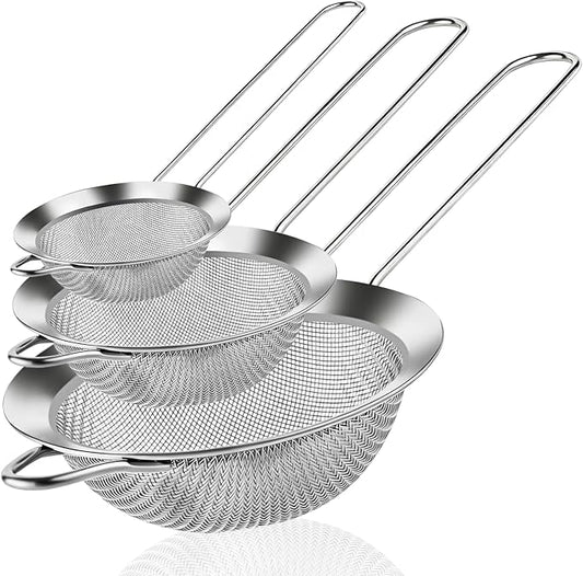 NileHome 3 Piece Mesh Strainers, Stainless Steel Strainer for Sifting, Straining, Cooking Kitchen Strainers Fine Mesh for Flour, Pasta, Loose Tea, Fruit, and Rice, Silver（3.1"+5.4"+7.8")