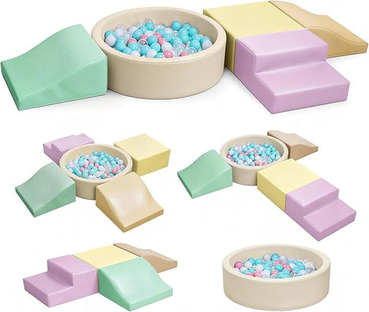 Hoohtoot Foam Climbing Blocks for Toddler: with 4-Piece PU Leather Climbing Toys and a Ball Pit - Foam Ball Pit for Toddlers - Climbing Toys Indoor for Kids Crawling (Yellow Climbing Blocks)