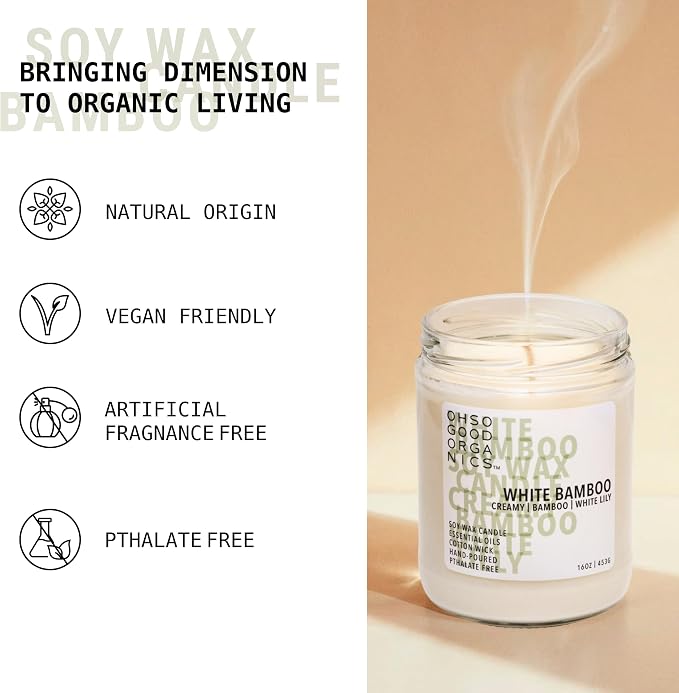 Scented Soy Wax Candle for Home, White Bamboo Candle and Lily, Essential Oils, Soy Candles Non Toxic, Aromatherapy Candles, 16oz, 60 Hours Burn Time, Fresh Bamboo and Green Floral Scent