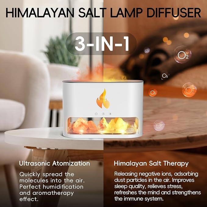 YALEDI Essential Oil Diffuser, Fireplace Fire Flame Aromatherapy Diffuser, 250ml Himalayan Salt Lamp Scent Diffuser, Cool Mist Humidifier with 7 Colors Light, Timer & Auto-Off for Home, Room (White)