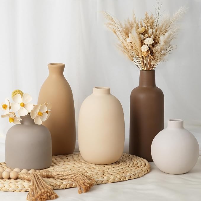 Modern Ceramic Vase Set of 5, Vases Home Decor Rustic Farmhouse Decorative | Vase Pottery Vases for Bouquet Pampas Grass Dried Fresh Flowers, Table Living Room Kitchen Bedroom