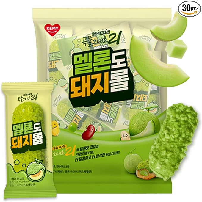Korean Food CJ Freshway Melon Crunch Roll Snack, 30Pc, 10.6oz Sweet Melon | Crispy Korean grain rolls with sweet melon cream filling, individually wrapped in 30 pieces