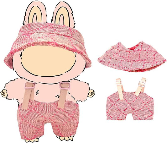 17 cm Doll Clothes Set, Pink Hat & Overalls Clothes 2-Piece Set for 15/17 cm lab, Stylish Adorable Accessories for Doll, Stylish Outfit for Boys Girls Birthday Collectors (2PC Pink)