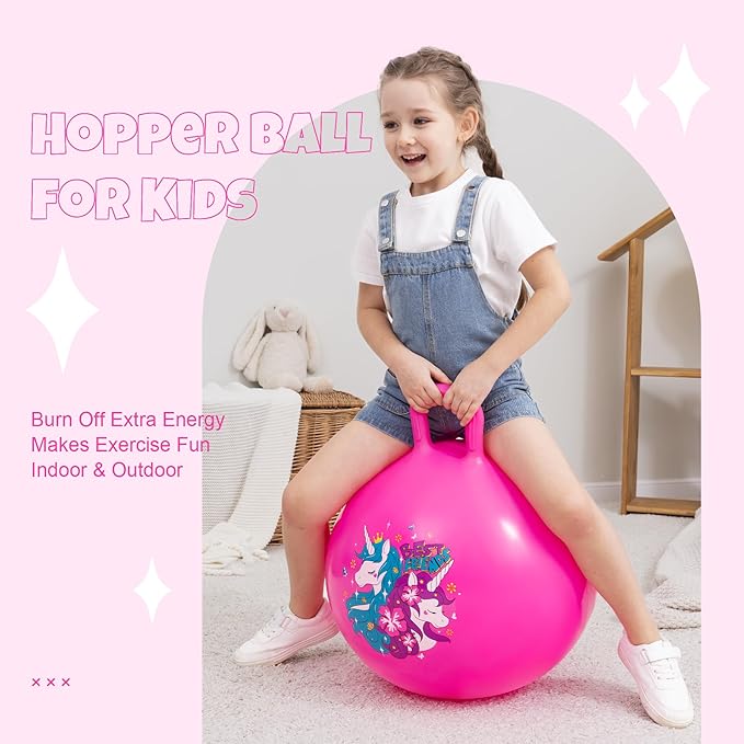 ZOOJOY Hopper Ball, Pink Bouncy Balls for Kids, 18 Inch Sit on Jumping Toys with Handle for Girls Gift Aged 3-8, Inflatable Unicorn Bounce Hopper Balls Toy with Pump
