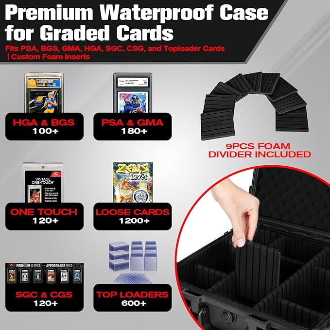 Graded Card Case Storage Box: Trading Card Storage Box with 9 Dividers for PSA BGS SGC Top Loaders Sports Cards, Waterproof Hard Slab Case for Baseball Football Basketball Magnetic Cards (Holds 600+)