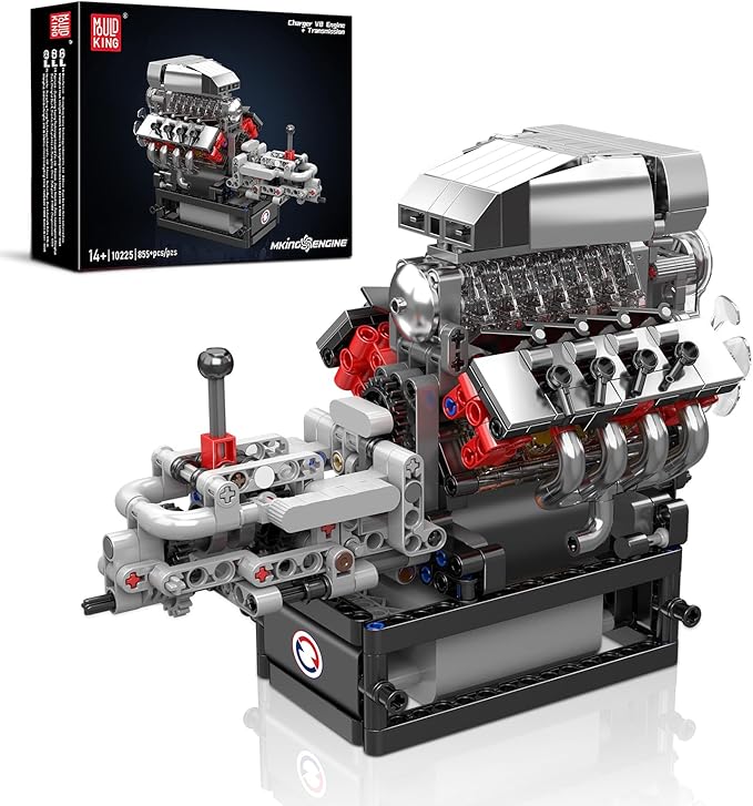 Mould King 10225 V8 Engine Model kit That Runs- Build Your Own STEM V8 Model Engine with Transmission, 8-Cylinder Car Engine kit Building Engineering Toys for Adults Collections (855+PCS)