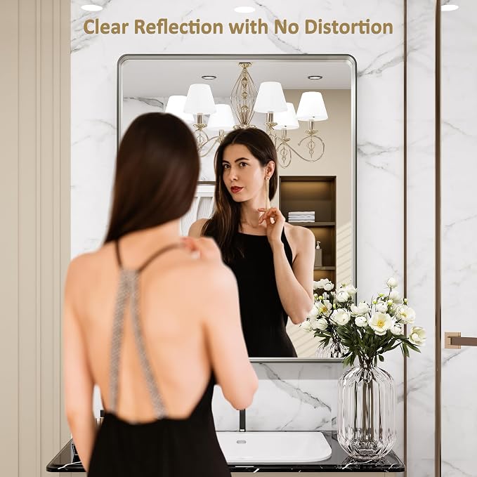 LOAAO 22X30 Inch Brushed Nickel Bathroom Mirror | Rounded Rectangle, Silver Metal Frame, Anti-Rust, Hangs Horizontally or Vertically