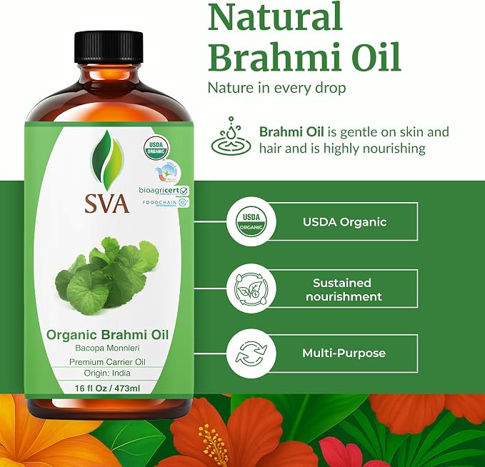SVA Brahmi Oil Organic - 16 Fl Oz – 100% Natural Cold Pressed Organic Brahmi- for Face, Skin Care, Hair Care, Scalp Massage & Body Massage – Carrier Oil