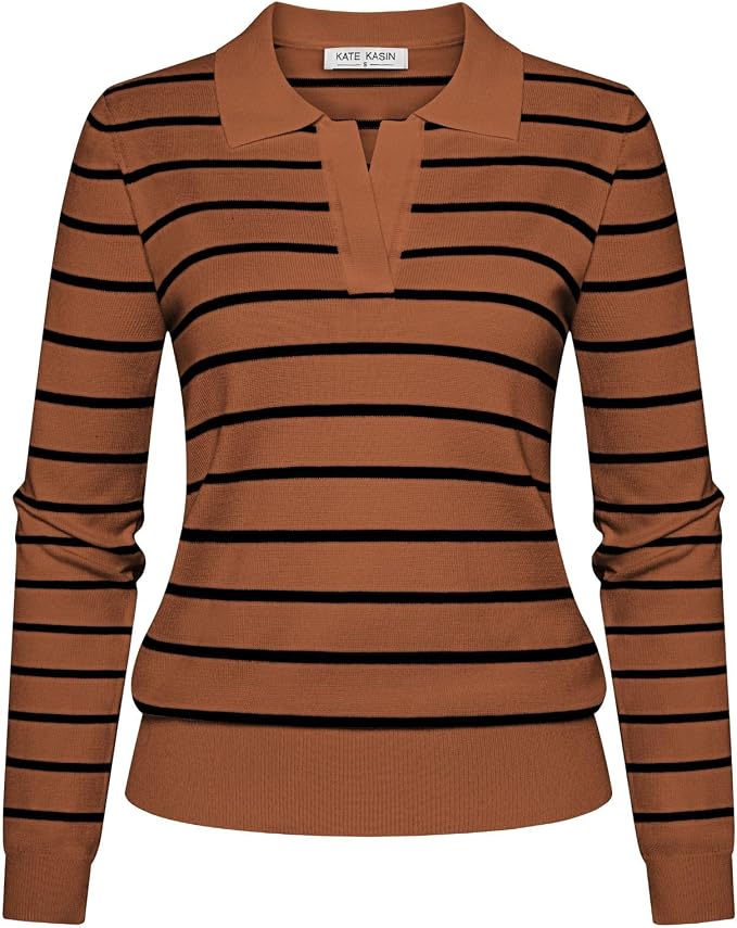 Women's Long Sleeve Classic V Neck Casual Fall Winter Polo Sweater Tops | Basic Collared Knitted Fashion Work Business Formal Daily Wear Versatile Pullover Shirts